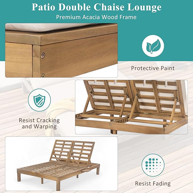 Outdoor Double Chaise Lounge with 5-Position Adjustable Backrest, Cushion and Folding Side Trays - Photo 6