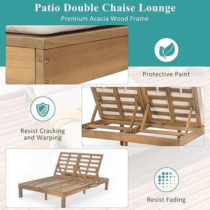 Outdoor Double Chaise Lounge with 5-Position Adjustable Backrest, Cushion and Folding Side Trays, Patio Double Lounge Chairs for Poolside Garden (Light Teak/D)