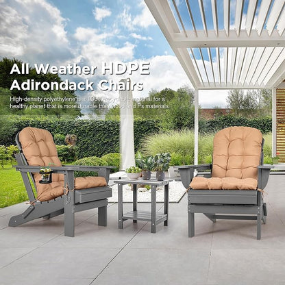 nalone Folding Adirondack Chair with Cushion with Cup Holder, HDPE Plastic Oversized Patio Chair Weather Resistant, Used in Outdoor, Fire Pit, Deck, Garden, Campfire Chairs (Grey)