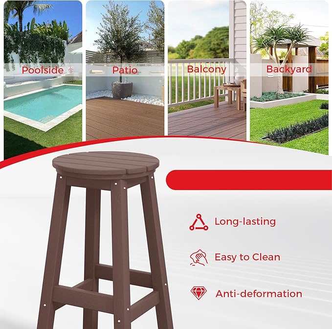 Costaelm 29" Height Outdoor Bar Stools, All-Weather Bar Stools, Adirondack Poly Patio Round Bar Stool for Patio, Deck, Kitchen Counter and Garden, Dark Brown