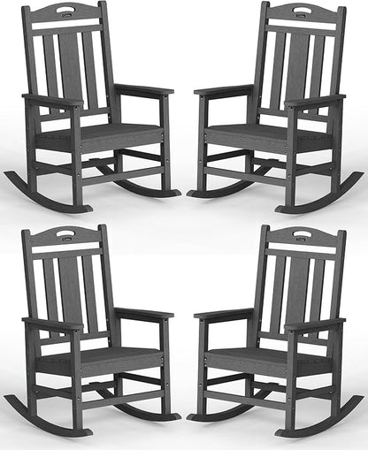 Ciokea Oversized Outdoor Rocking Chairs Set of 4, 380lbs Heavy-Duty Large Patio Rocker, High Back Cozy Porch Chairs, Weather Resistant Patio Rocking Chairs for Outside, Fire Pit, Deck, Dark Grey