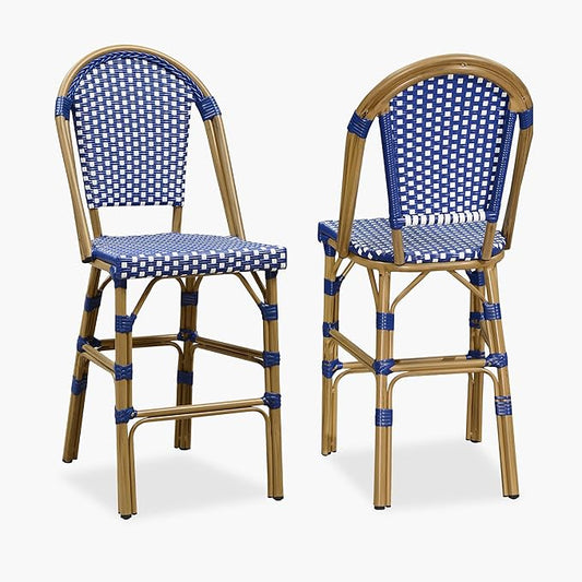 PURPLE LEAF French Counter Height Bar Stool Set of 2 25" Bamboo Print Finish Patio Bar Chairs with Back Rattan Bar Chairs French Bistro Set for Kitchen Outdoor Counter Stool Royal Blue