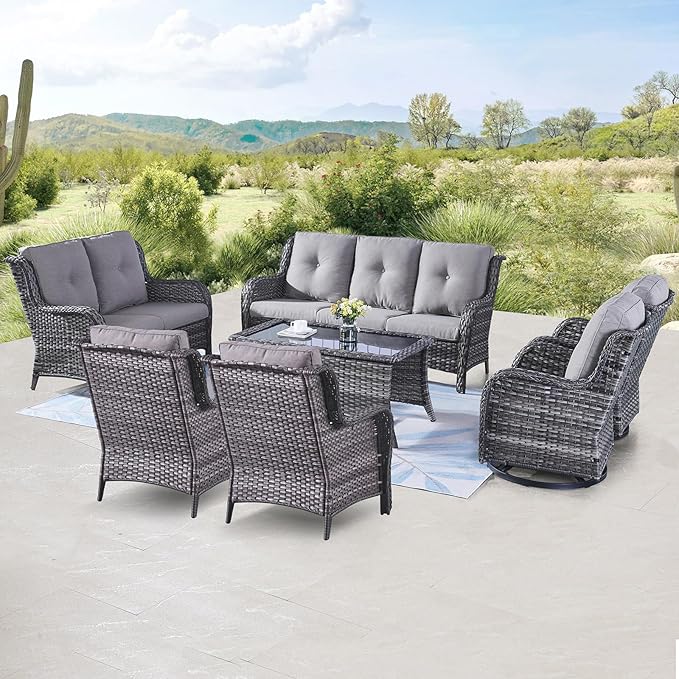 Belord 7 Piece Wicker Patio Furniture Set, Outdoor Swivel Rocker Chairs Set of 2 with Ottomans, 3 Seat Sofa and Loveseat - Photo 1