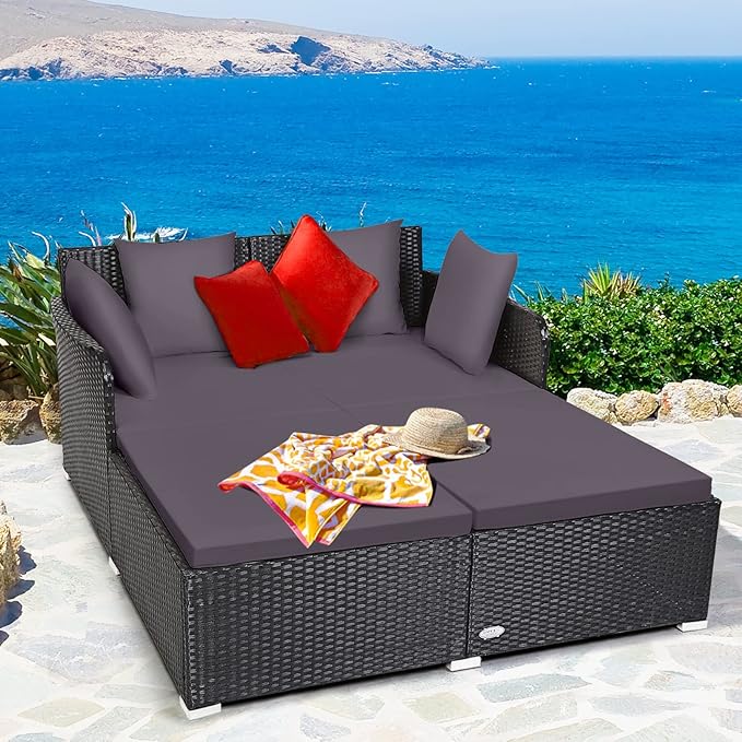 COSTWAY Outdoor Patio Rattan Daybed, Sponge Cushioned Loveseat Sofa with 4 Pillows, Wicker Furniture Sunbed for Balcony - Photo 2