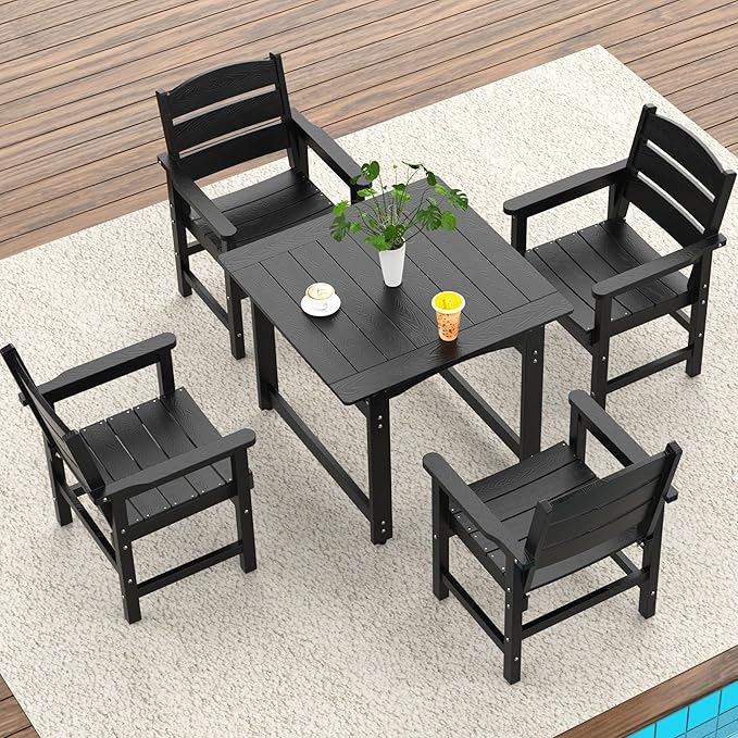 5-Piece HIPS Patio Dining Set, Outdoor Dining Table and Chairs Set with Umbrella Hole, Weatherproof Dining Table Set for 6 Person, Patio Furniture Set for Outside Deck, Black
