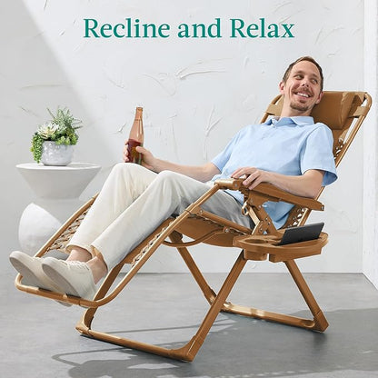Best Choice Products Adjustable Zero Gravity Chair, Monochromatic Color Folding Patio Recliner w/Side Tray, Headrest - Desert