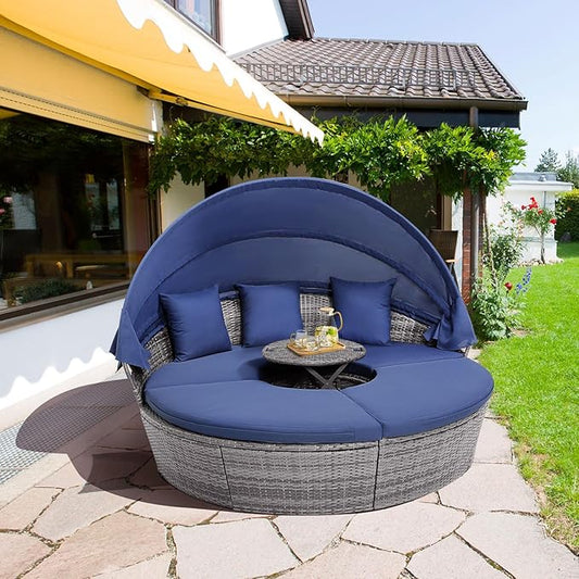 RELAX4LIFE Round Outdoor Daybed with Canopy, Rattan Wicker Sectional Sofa Set w/Cushions, Height Adjustable Table, Conversation Bed Lounger Separated Seating for Outside Pool, Patio Daybed (Navy)