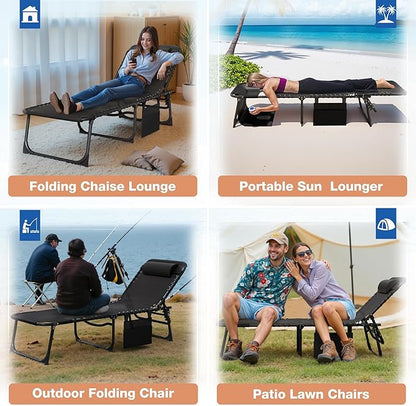 Devoko Beach Lounge Chair, Outdoor Sun Tanning Chair with Face Hole, Heavy Duty Folding Portable Lay Chaise Lounge Chairs for Outside Beach Pool Camping Patio, Black