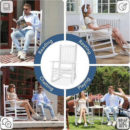 Wooden Outdoor Rocking Chair, Oversized Patio Rocking Chair w/400lbs Support & High Backrest | Porch, Lawn, Garden, Backyard，White