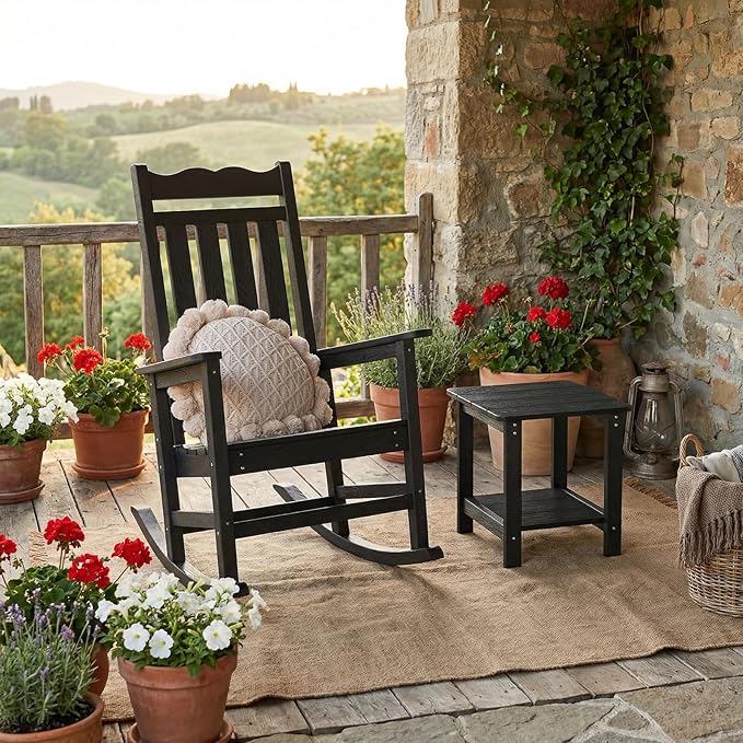 Stoog Patio Rocking Chair, All-Weather Porch Rocker, 400 lbs Weight Support, Never Fade or Rot, for Backyard, Fire Pit, Lawn and Garden, Black