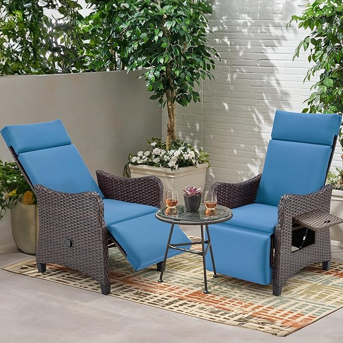 HOMREST Outdoor Recliner Chair with Flip-up Table Set of 2, Rattan Armchair with 150°Adjustable Backrest, Wicker Lounge Chair with Integrated Footstool and Removable Cushion for Gardens, Navy Blue