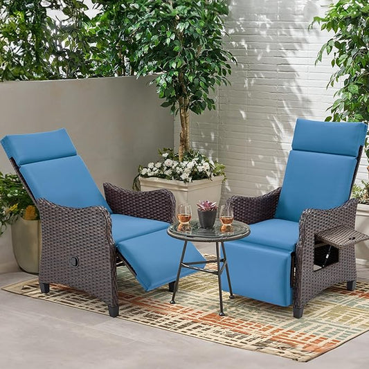 HOMREST Outdoor Recliner Chair with Flip-up Table Set of 2, Rattan Armchair with 150°Adjustable Backrest, Wicker Lounge Chair with Integrated Footstool and Removable Cushion for Gardens, Navy Blue
