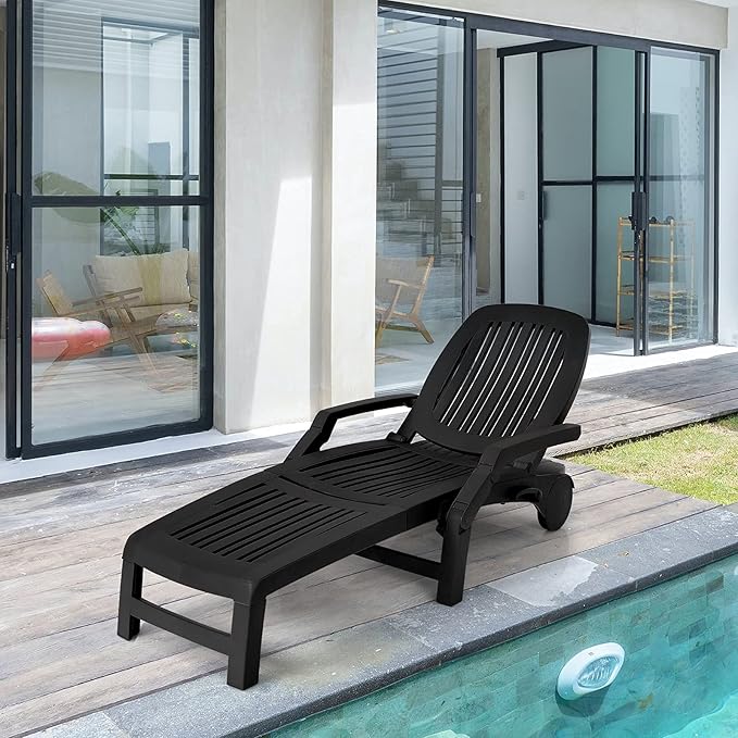 Tangkula Outdoor Chaise Lounge Chair, 5-Position Adjustable Recliner with Storage Box and Flexible Wheels, All-Weather Folding Patio Lounge Chair for Poolside, Beach and Backyard (2, Black)