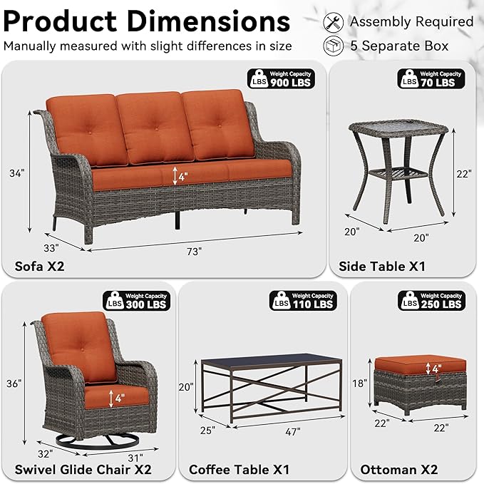 8 Piece Outdoor Wicker Patio Furniture Set, Outdoor Swivel Rocker Patio Chairs Set with Thickened Olefin Cushions - Photo 2