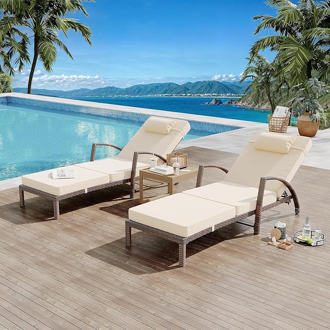 2 Pieces Pool Chaise Lounge Chairs, All-Weather Outdoor Rattan Reclining Chair with Cushion - Photo 6