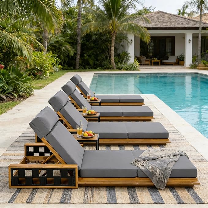 Merax Acacia Wood Patio Chaise Lounge Set of 4, Outdoor Reclining Chairs with 4-Position Adjustable Backrest, 4-Piece Sunbathing Recliner & 4" Thick Four-fold Cushion for Poolside, Garden, Dark Gray