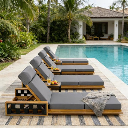 Merax Acacia Wood Patio Chaise Lounge Set of 4, Outdoor Reclining Chairs with 4-Position Adjustable Backrest, 4-Piece Sunbathing Recliner & 4" Thick Four-fold Cushion for Poolside, Garden, Dark Gray