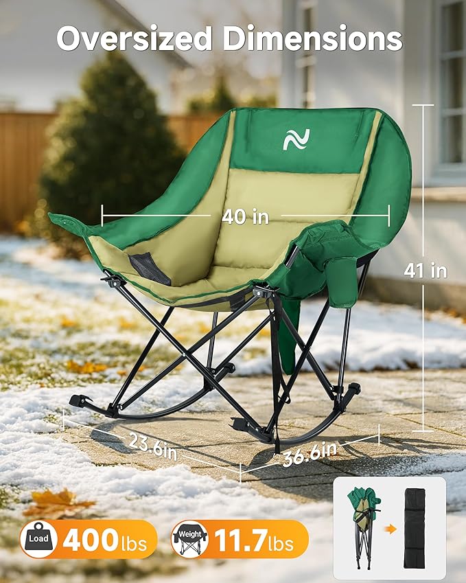 Slsy Oversized Heated Rocking Camping Chair for Adults, 400 lbs Heavy Duty Padded Recliner with Side Pocket, Cup Holder & Carry Bag, Foldable Outdoor Lawn Chair for Patio, Backyard, or Camp