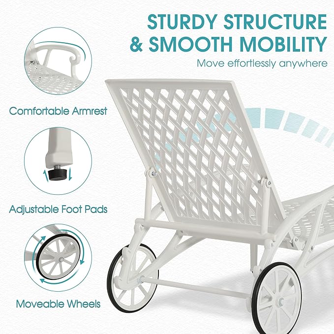 HOMEFUN Chaise Lounge Chair Outdoor, Poolside Lounger Outside Cast Aluminum Tanning Chairs with Adjustable Backrest and Moveable Wheels, White