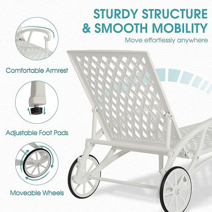 HOMEFUN Chaise Lounge Chair Outdoor, Poolside Lounger Set of 2 Cast Aluminum Tanning Chairs with Adjustable Backrest and Moveable Wheels, White