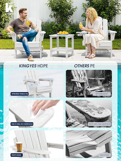 KINGYES Adjustable Folding Adirondack Chair, 3-Position Reclining Adirondack Chairs with Cup Holder, HDPE All-Weather Oversized Adirondack for Outdoor, Patio, Backyard Deck, Fire Pit, White