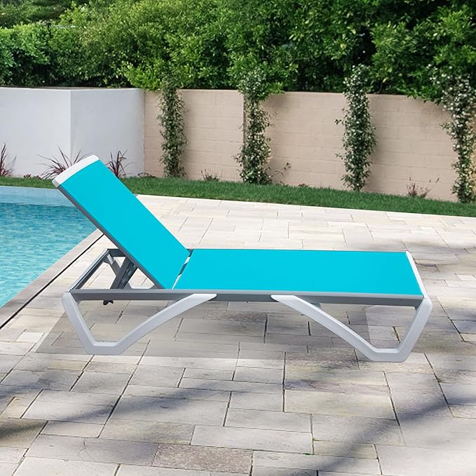 Domi Outdoor Lounge Chair, Aluminum Patio Chaise Lounge with 5 Position Adjustable Backrest and Wheels, All Weather Reclining Chair for Patio, Yard, Balcony, Poolside (Lake Blue)