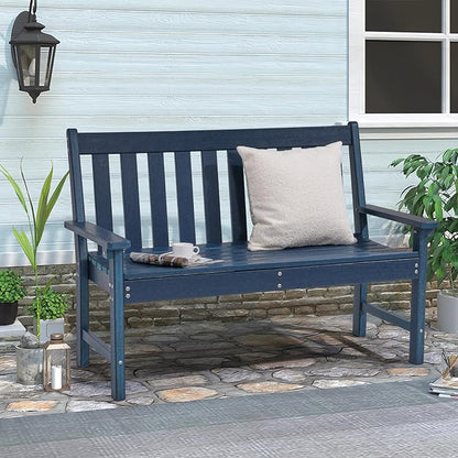 COBANA Outdoor Garden Bench, All Weather HDPE Patio Porch Bench with Faux Wood Grain Pattern, 2-Person Seat for Lawn, Park, Backyard, Entryway, Navy Blue