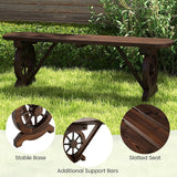 Tangkula Patio Rustic Wood Bench, Carbonized Wood Long Bench with Wagon Wheel Base, Slatted Seat Design - Photo 6