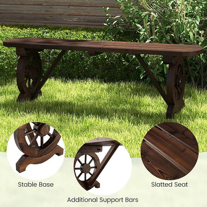 Tangkula Patio Rustic Wood Bench, Carbonized Wood Long Bench with Wagon Wheel Base, Slatted Seat Design, 2-Seat Dining Bench for Garden, Backyard, Porch, 710 LBS Max Load