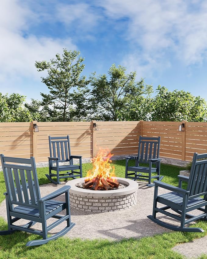 GarveeHome Adirondack Outdoor Rocking Chair, All Weather HDPE Plastic Patio Rocker Chair with Wide Armrests, Classic Fire Pit Chair for Porch, Deck, Lawn, Garde, 380LBs, Easy to Install, Navy Blue