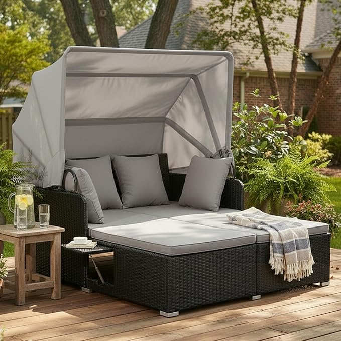 Tangkula Patio Rattan Daybed with Retractable Canopy, Outdoor Wicker Sunbed Lounger with 2 Foldable Side Tables - Photo 3