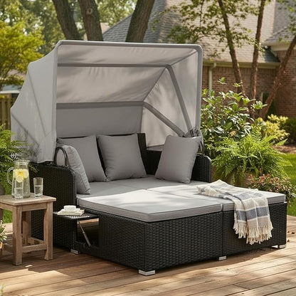 Tangkula Patio Rattan Daybed with Retractable Canopy, Outdoor Wicker Sunbed Lounger with 2 Foldable Side Tables, Thick Seat & Back Cushions, Outside Double Daybed for Garden, Backyard, Porch (Grey)