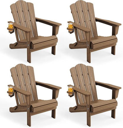 KINGYES Folding Adirondack Chair Set of 4, HDPE All-Weather Patio Chairs with Cup Holder, Wooden Textured Fire Pit Chairs for Poolside, Backyard, Deck, Brown