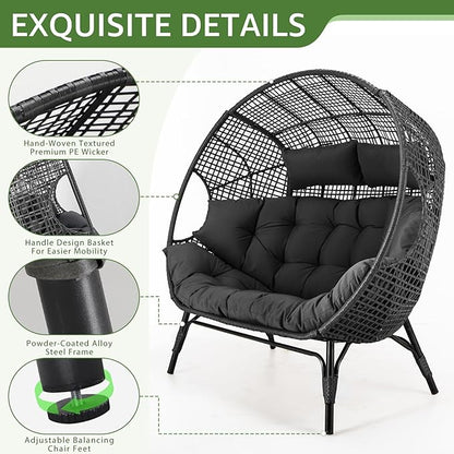 NICESOUL® Double Egg Chair Indoor Outdoor Stationary Oversized 6.5" Thick Padded Cushions,2 Person Egg Wicker Loveseat Chair, Extra Large Lounge Chair for Patio Balcony Porch Backyard Gray