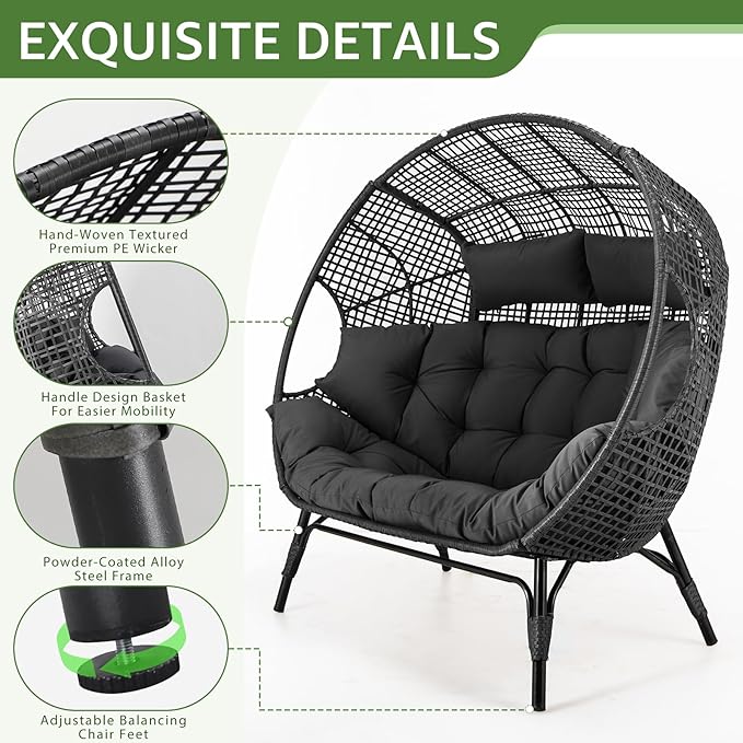 NICESOUL Indoor Outdoor Double Egg Chair with Footrest Padded Cushion - Photo 5