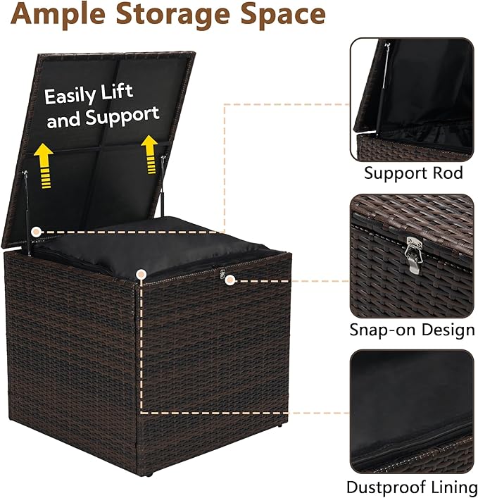 Wicker Patio Storage End Table, 80 Gallons PE Rattan Side Table, Extra Large Storage Space, Square Resin Coffee Table for Porch, Poolside, Garden,Backyard Dark Brown