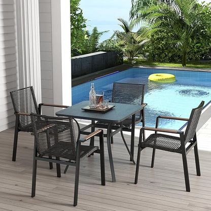 Tangkula 32-Inch Metal Patio Dining Table for 4, Outdoor Dining Table with Powder-Coated Metal Frame & Wood-Like Grain Tabletop, Square Outside Bistro Table for Backyard Garden Poolside Porch, Grey