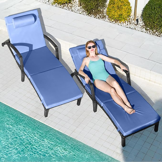 Chaise Lounge Chairs Outdoor Set of 2, Comfy Outside Wicker Patio Pool Lounge Chair w/ 5 Adjustable Back Angle - Photo 1