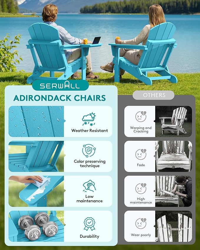 SERWALL Folding Adirondack Chair Set of 2 with 4 in 1 Cup Holder, HIPS Adirondack Chairs, Wood Texture, Weather Resistant Plastic Chairs for Patio Garden Outdoors Fire Pit Chairs - Coffee