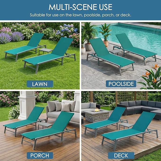 Kozyard 2-Pack Outdoor Lounge Chairs, Foldable Aluminum Frame Patio Chaise Lounge with 5-Position Adjustable Backrest, No Assembly, Breathable Textilene Fabric for Poolside Beach (MintGreen, No Table)