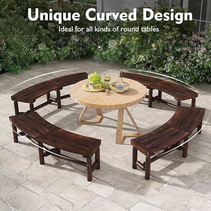 Moccha Outdoor Curved Bench, Carbonized Wood Fire Pit Bench with Slatted Seat, Loveseat, Rustic Wood Outside Chair, Patio Backless 2-Person Seating for Yard Deck Porch, 710 LBS Max Load (2)