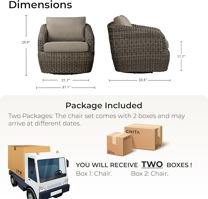 CHITA 2 Pieces Patio Wicker 360° Swivel Chairs with Removable Cushion, Backyard Rattan Chair for Sunrooms, Patios, Decks, Fully Assembled(Gray Cushions with Brownish Gray Wicker)