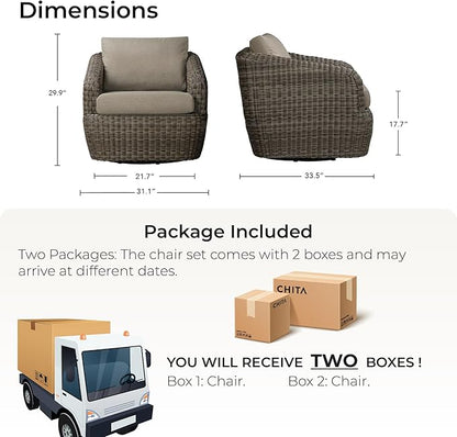 CHITA 2 Pieces Patio Wicker 360° Swivel Chairs with Removable Cushion, Backyard Rattan Chair for Sunrooms, Patios, Decks, Fully Assembled(Gray Cushions with Brownish Gray Wicker)