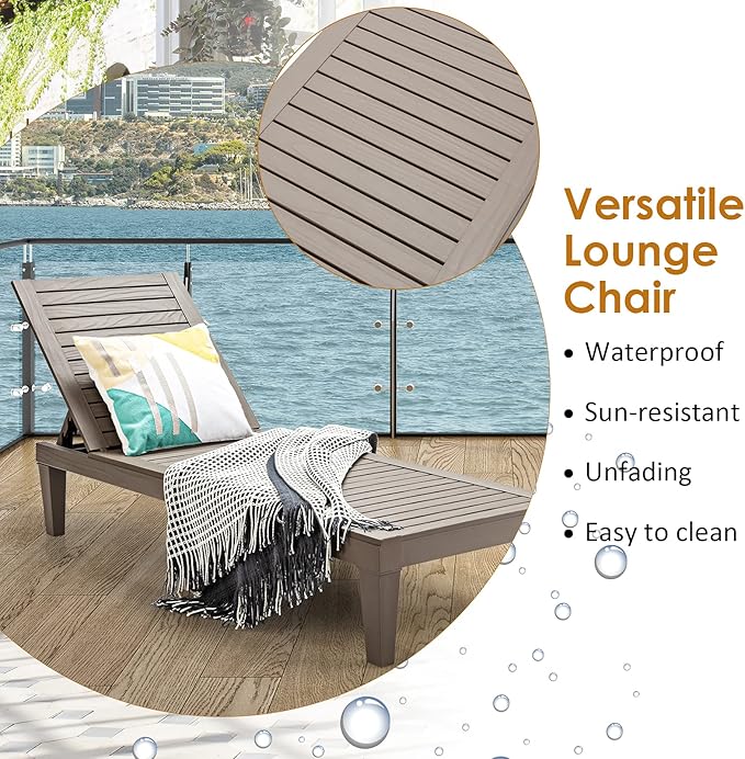 Tangkula Outdoor Chaise Lounge Chair, Lightweight Patio Lounge Recliner Chair with Adjustable Backrest, 5 Reclining Positions Chaise Lounger for Patio, Beach, Balcony, Poolside, Backyard (1, Coffee)