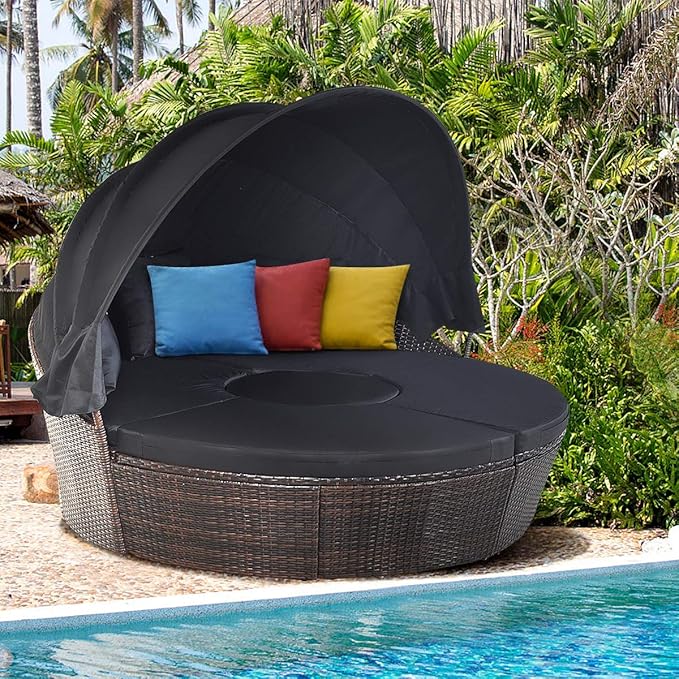 HAPPYGRILL Patio Daybed with Canopy Outdoor Furniture Set Sofa Set Rattan Wicker Round Daybed with Soft Cushions Coffee - Photo 2