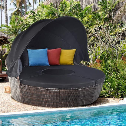 HAPPYGRILL Patio Daybed with Canopy Outdoor Furniture Set Sofa Set Rattan Wicker Round Daybed with Soft Cushions Coffee Table for Patio Backyard Poolside