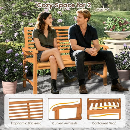 Tangkula Teak Wood Outdoor Bench with Backrest, Patio Garden Park Bench with Slatted Backrest & Seat, Curved Armrests, 800 lbs Capacity, 2-Person Outside Loveseat for Porch, Deck and Backyard