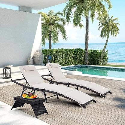 Patio Chaise Lounges 2 Chairs + 1 Coffee Table with Adjustable Backrest and Removable Thick Cushions, 2 Pieces Patio Lounge Chairs + 1 SideTable, Outdoor Folding Cushioned Patio Seating + End Table