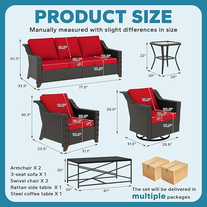 7 Pieces Outdoor Conversation Furniture Set - 77" Patio Sofa, 2 Armchairs, 2 Swivel Glider Chairs, 1 Side Table - Photo 2