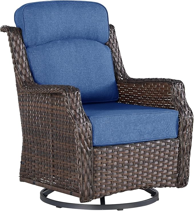 Outdoor Wicker Swivel Rocker Chair with 6-Inch Thick Cushions, High Back Patio Glider Chair, 360° Swivel & Rocking Motion for Porch, Deck, Balcony, Poolside, Brown/Blue